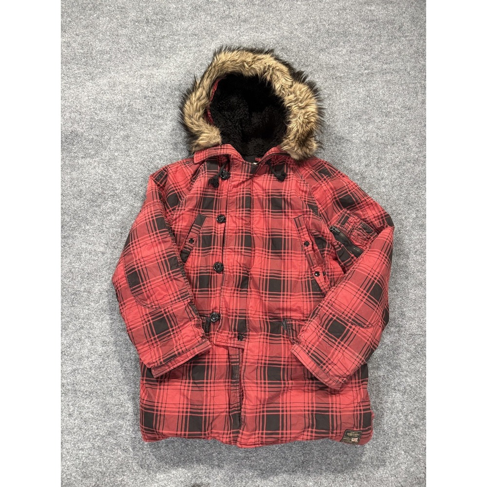 Denim &‎ Supply Ralph Lauren Coat Mens L Red Plaid Faux Fur Hooded Insulated